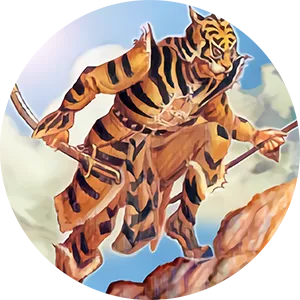 Rathinosk's avatar: a tiger-mage with a staff, leaping between rocky cliffs